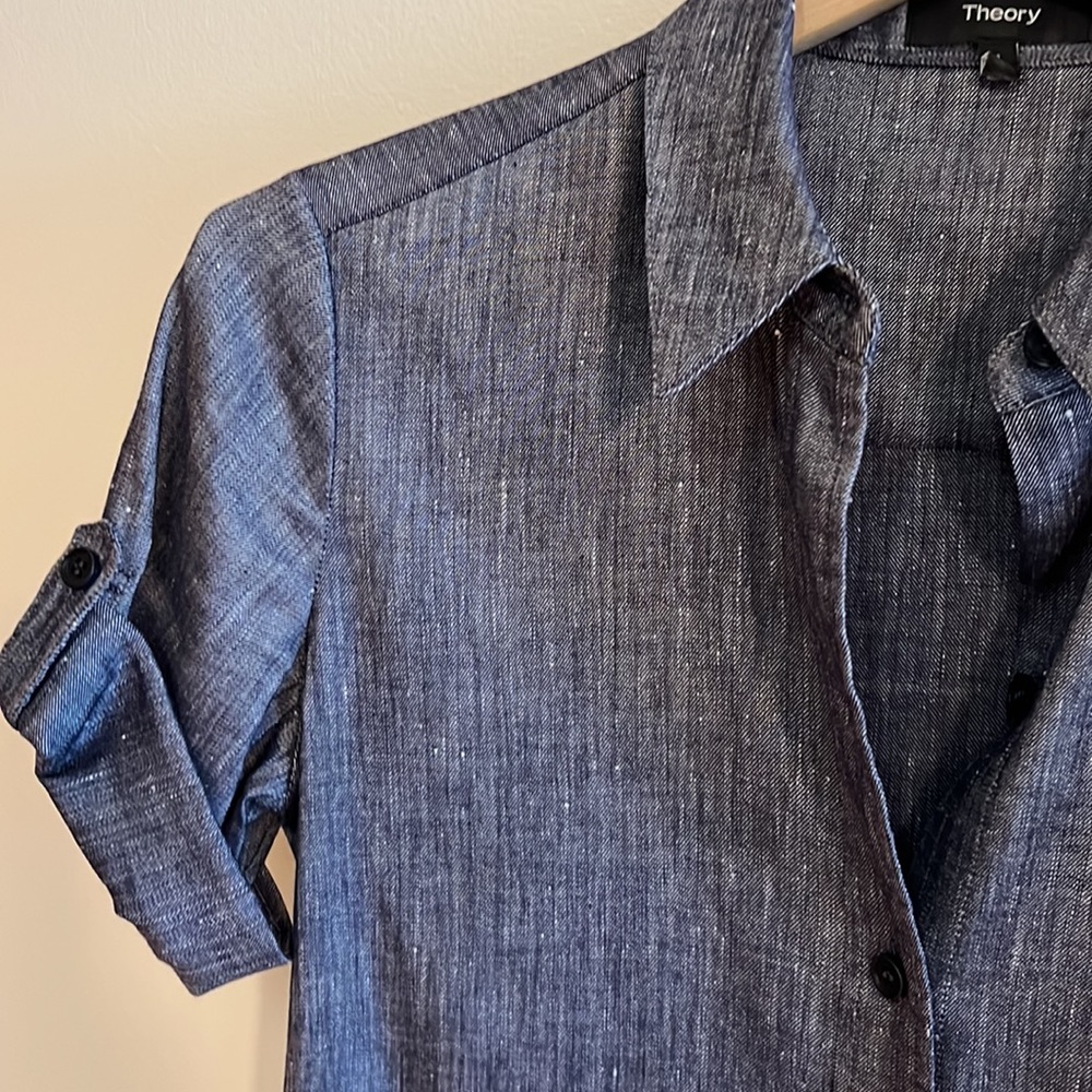 Theory Stretch Denim‑Look Shirt Dress – Button Front, Pockets, Size XS - Picture 7 of 9